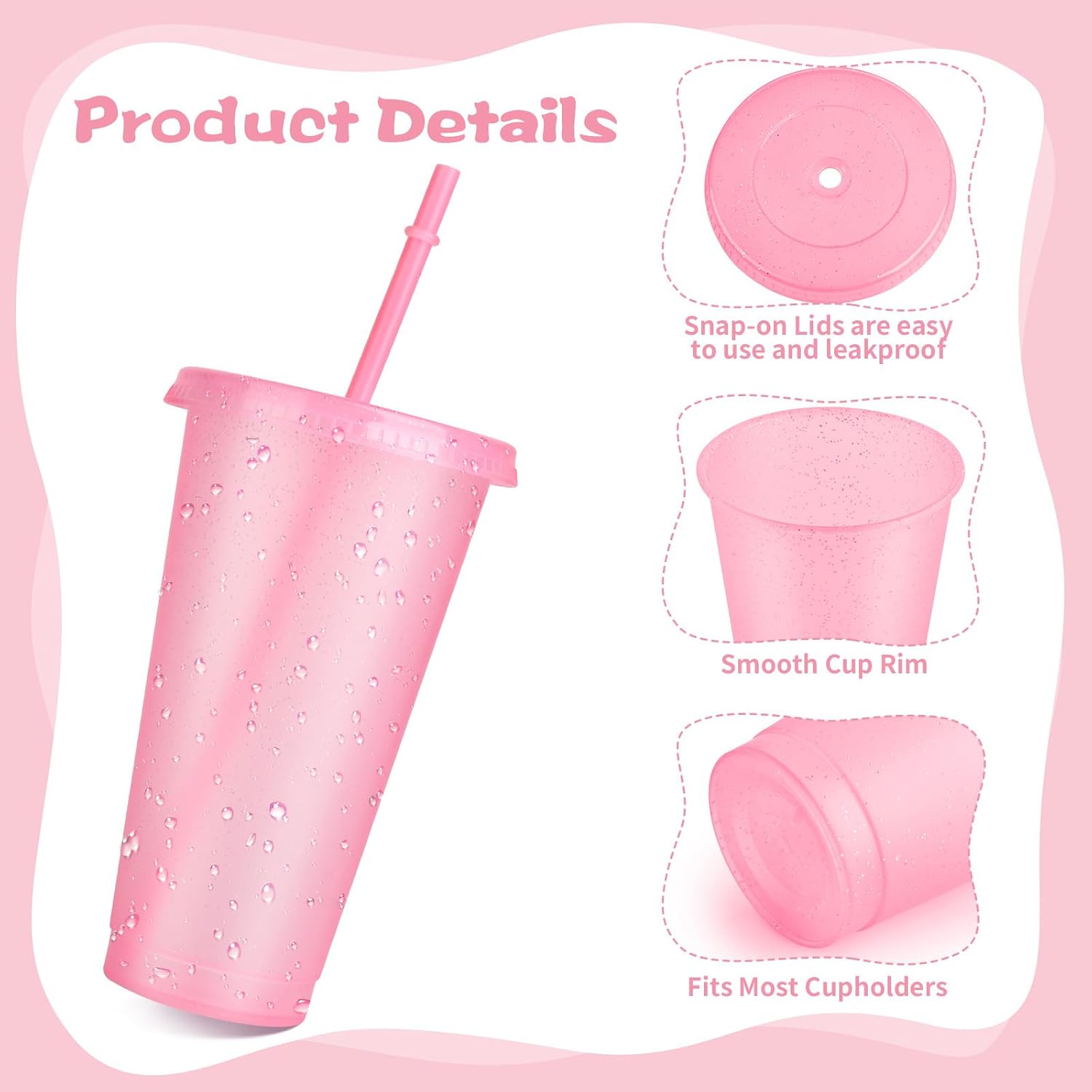 16-Piece Reusable Cups with Lids and Straws, 24 oz Glitter Plastic Tumbler Iced Coffee Cups Travel Mugs for