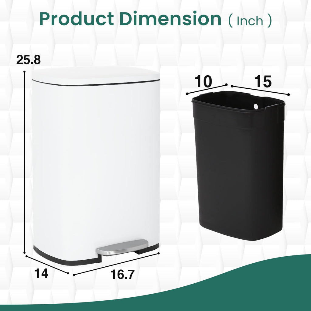Kitchen Trash Can 13 Gallon Stainless Steel White Trash Can | 50L Kitchen Garbage Can with Removable Inner Bucket and