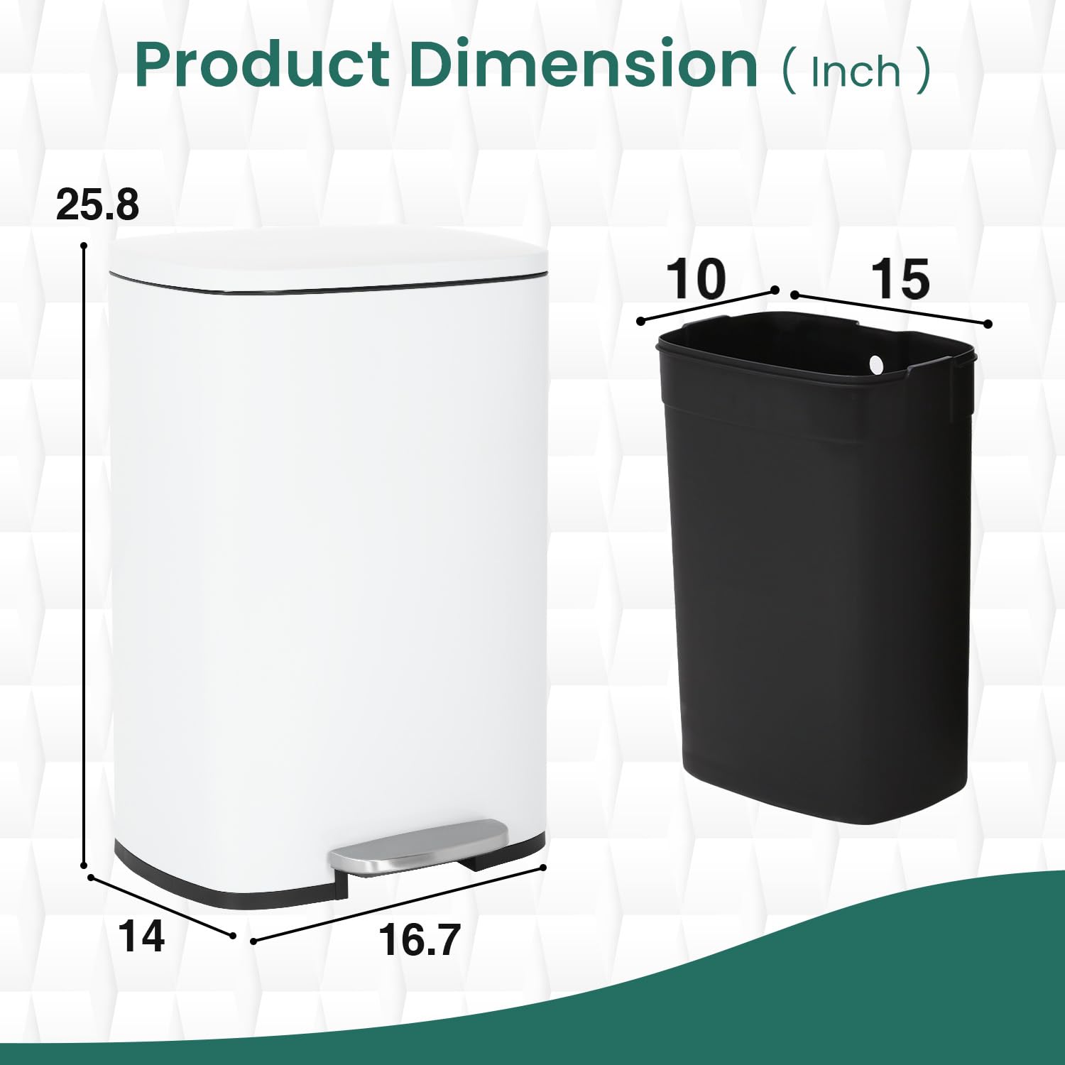 Kitchen Trash Can 13 Gallon Stainless Steel White Trash Can | 50L Kitchen Garbage Can with Removable Inner Bucket and