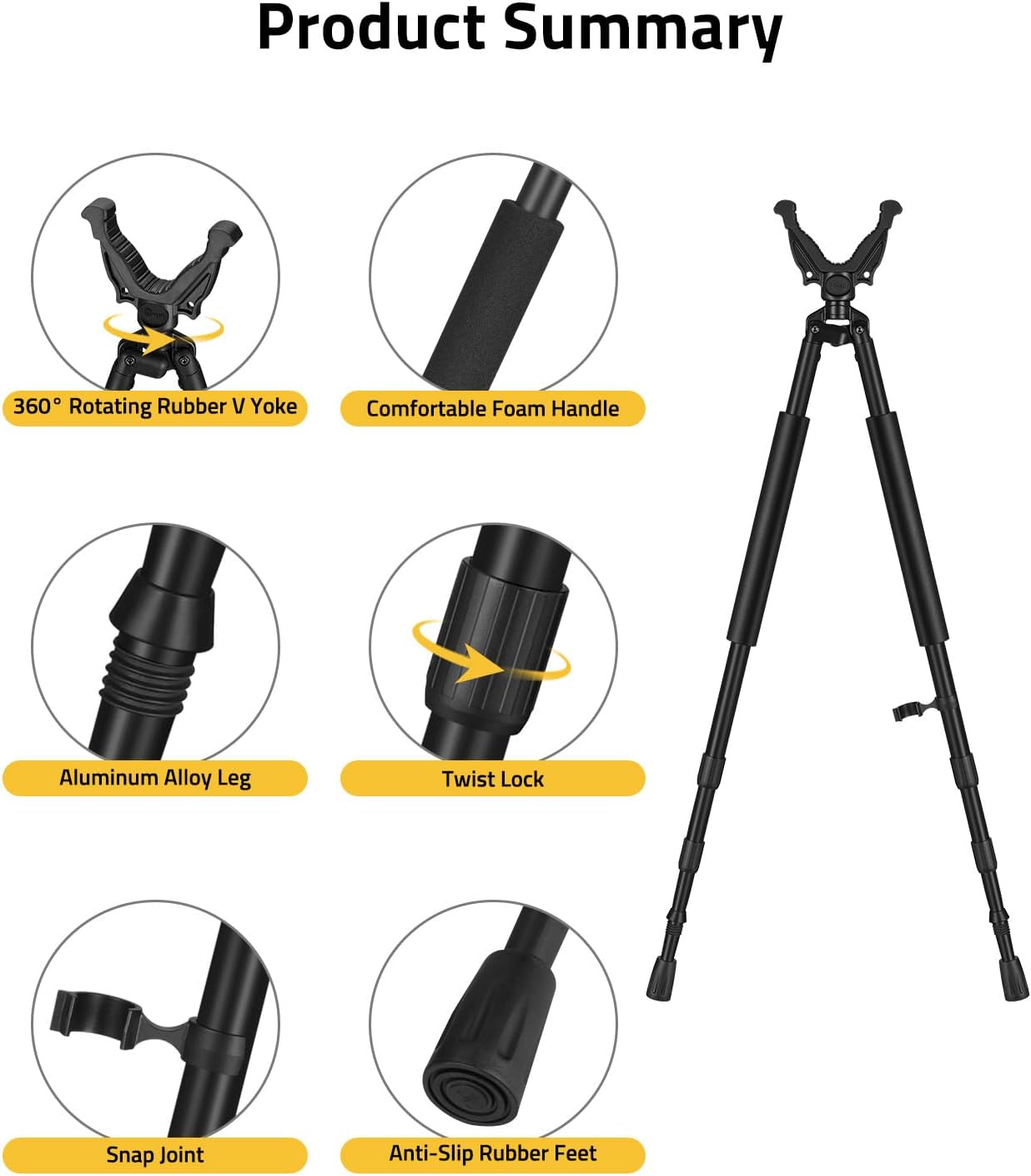 Shooting Bipod Hunting Stick Rifle Crossbow Rest, Twist Lock | 360° Rotatable V Yoke, Adjustable Aluminum