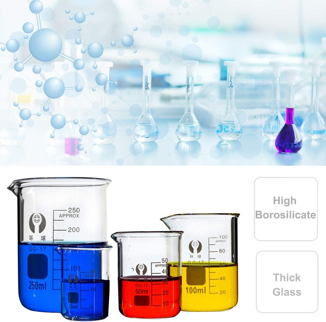 Glass Beakers Cylinder Erlenmeyer Flask Pipettes Glassware Set | 4 Beaker 500/250/100/50ml, 3 Flask 150/100/50ml, 3