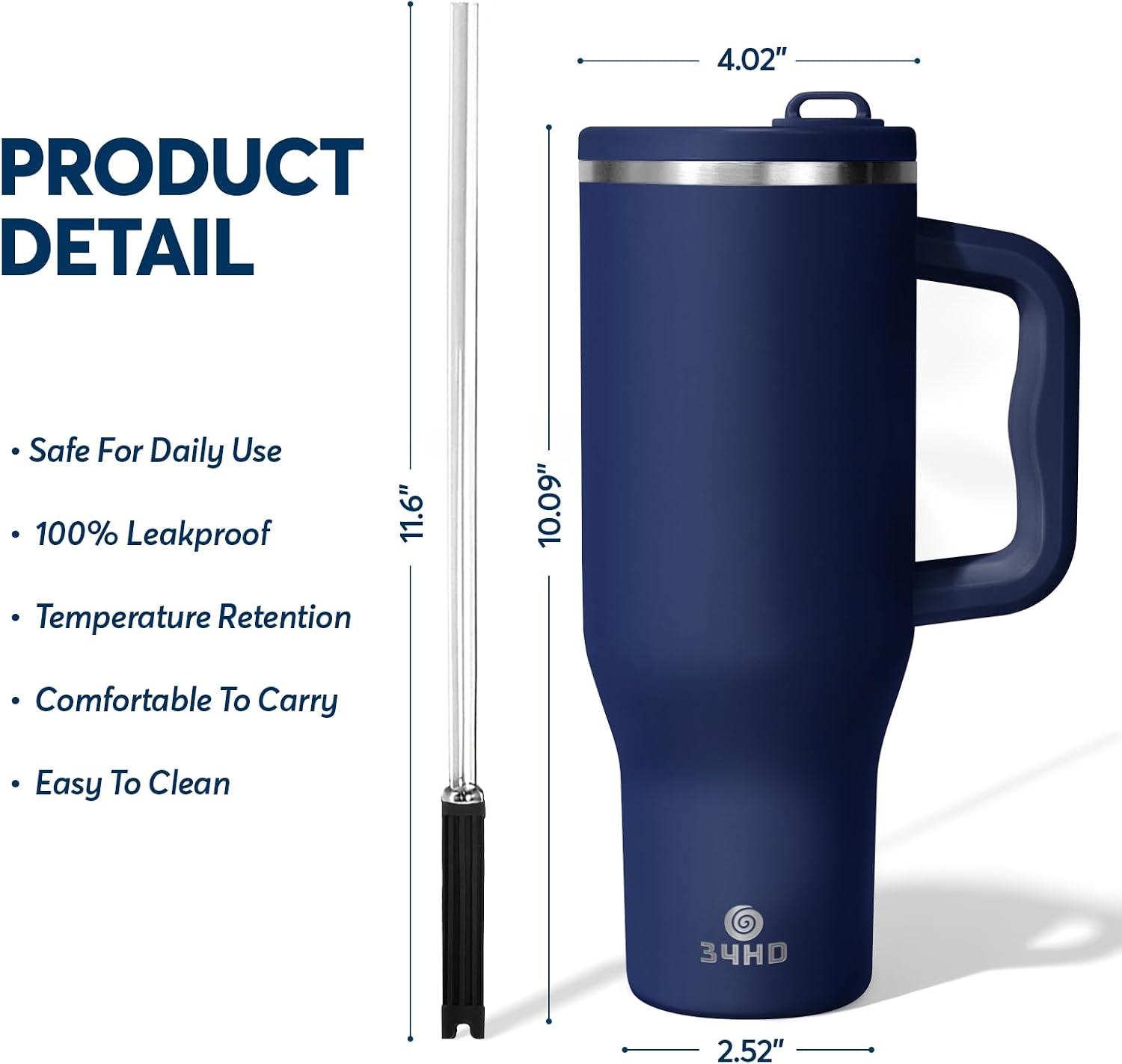 Navy 40oz Insulated Tumbler with Handle and Reusable Hidden Straw | Triple-wall Vacuum Insulated Stainless Steel for
