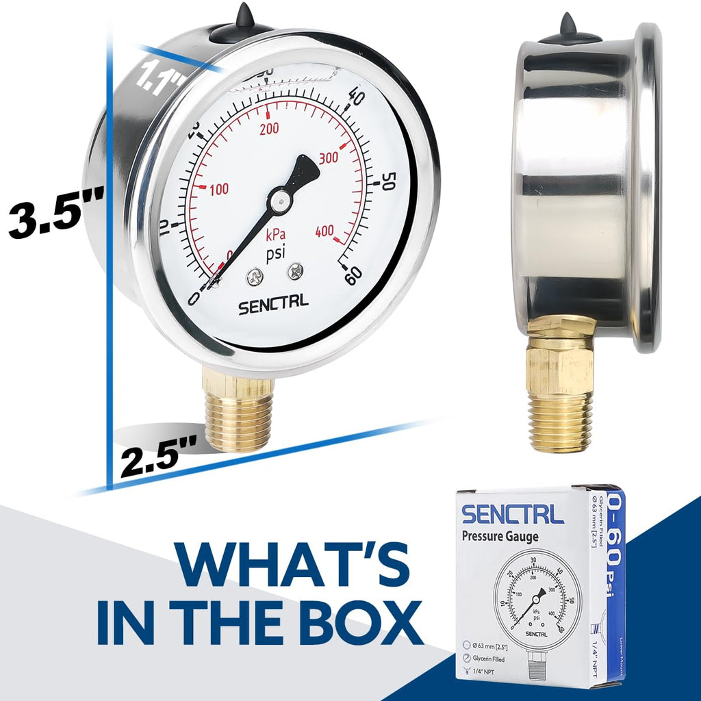 SENCTRL 0-60 Psi Liquid Filled Low Pressure Gauge, 1/4" NPT Lower Mount