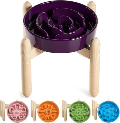 Ceramic Slow Feeder Dog Bowls Elevated, 3 Cup Raised Bowl with Wooden Stand for Medium Large Breed, Slow Down Eating