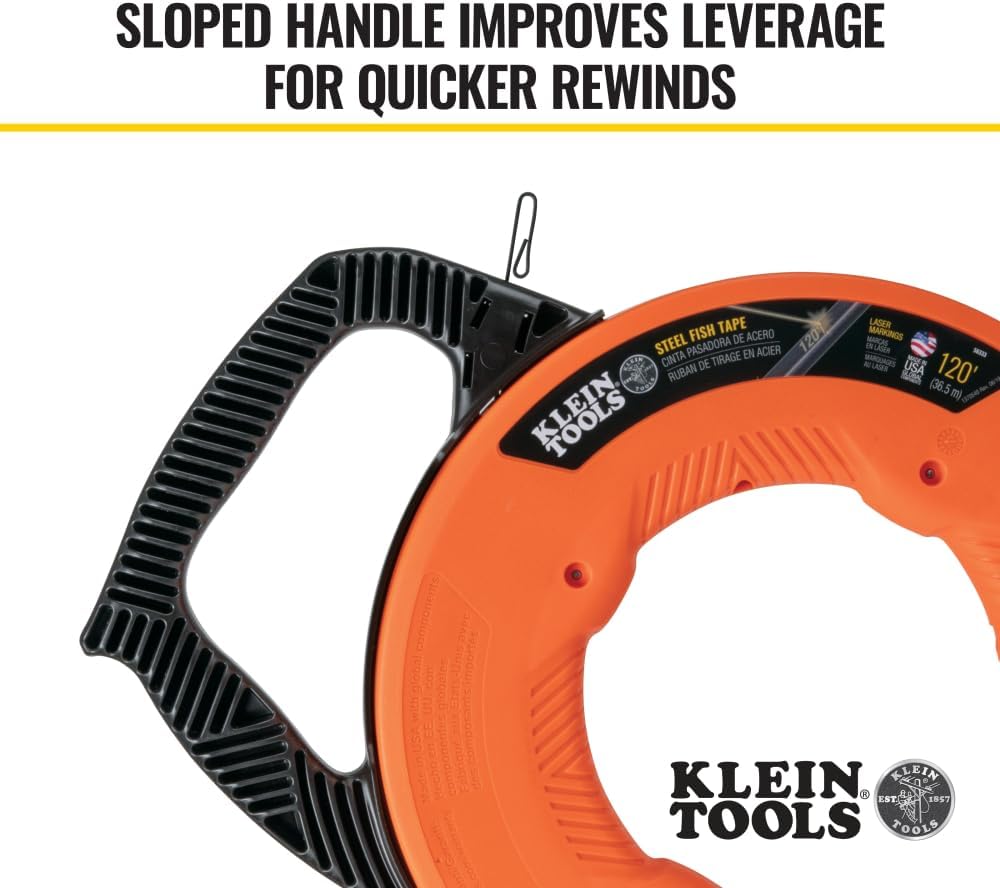 56333 Electrical Fish Tape, Steel Wire Puller with Double Loop Tip, Optimized Housing and Handle, 1/8-Inch x 120-Foot