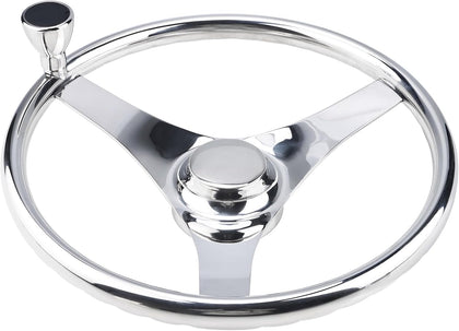 YaeMarine Stainless Steel Marine Boat Steering Wheel 13-1/2" Dia 3 Spoke Sports Steering Wheel Finger grips with Control Knob and Cap