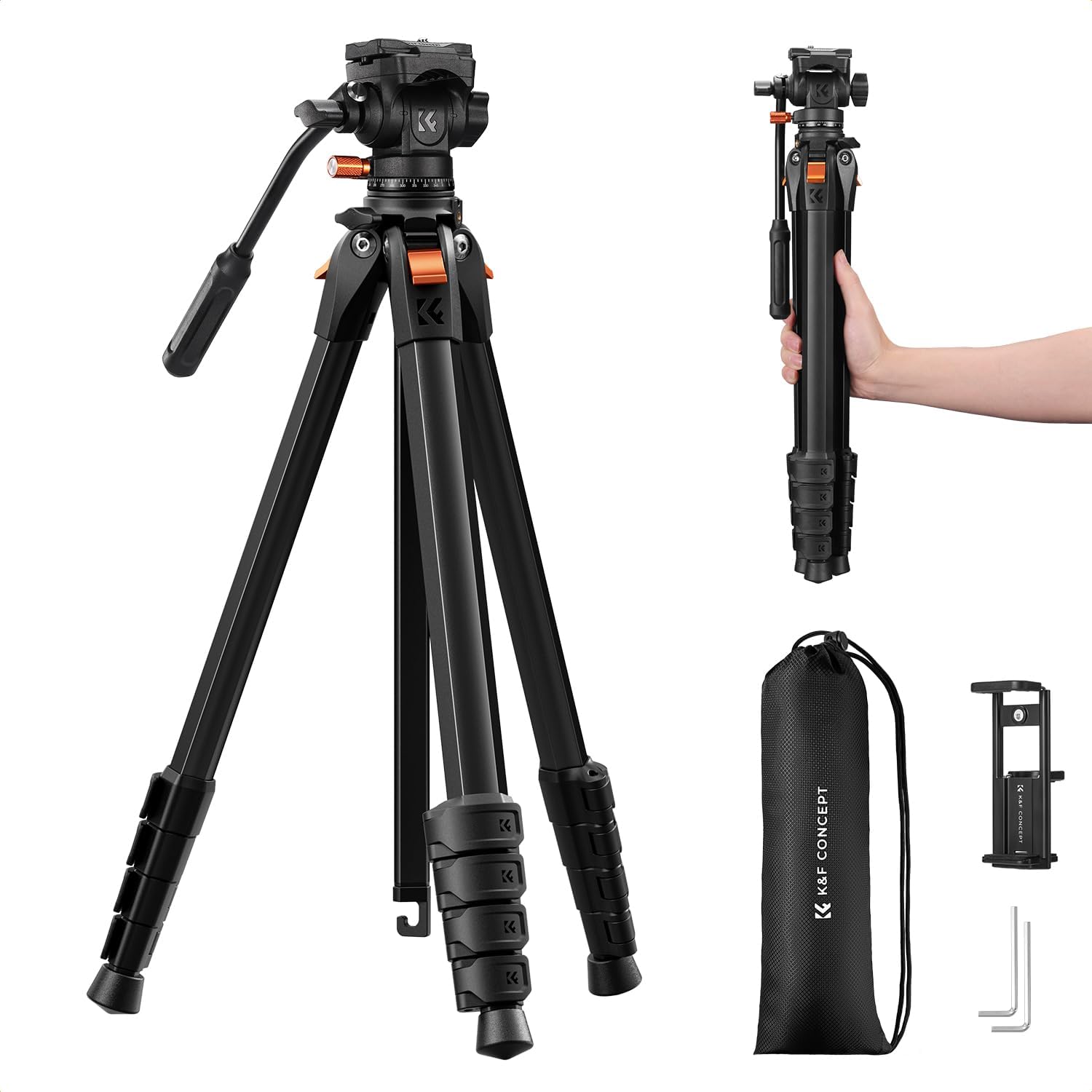 73" Camera Tripod with Fluid Head | Aluminum Travel Tripod, Smooth Pan/Tilt for DSLR/Mirrorless/Camcorder, Max Load