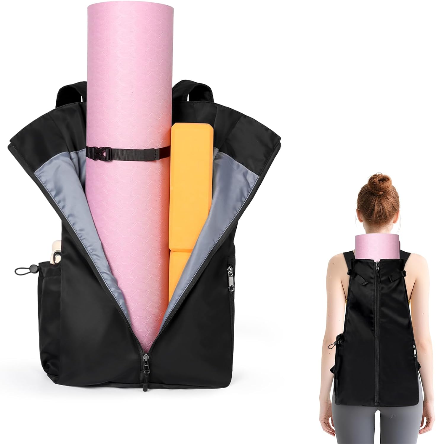 Yoga Mat Bag, Adjustable Yogamat Blocks Carrier with Backpack Straps and Side Pockets, Top-Opening Yoga Backpack for