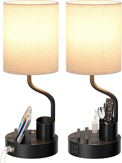 Bedside Lamps for Bedroom Set of 2 - Table Desk Lamp for Nightstand | 15" Table Lamp for Living Room with Pen Holder