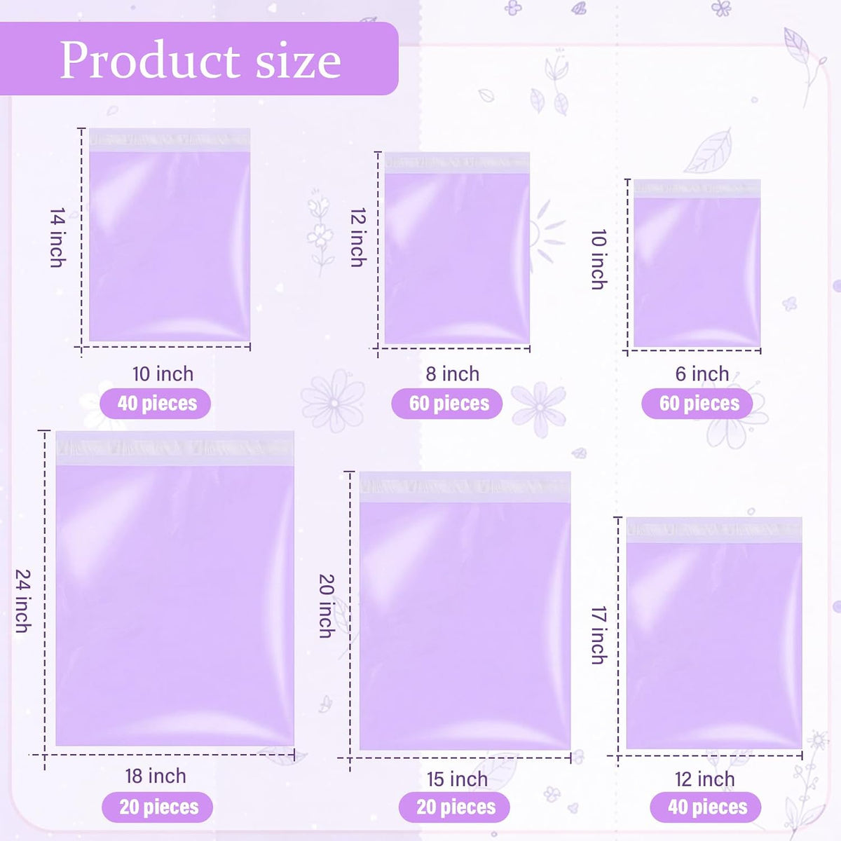 240 Pcs Poly Mailers Variety Size Pack Shipping Bags, Purple