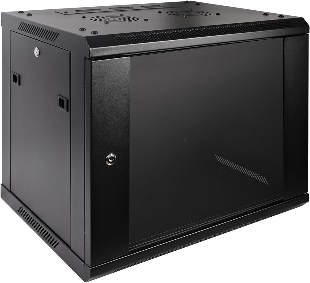 RackPath 9U Professional Wall Mount Server Cabinet Network Rack Enclosure with 2X Quiet Cooling Fan, 1x Brush Cable Management Panel, Black