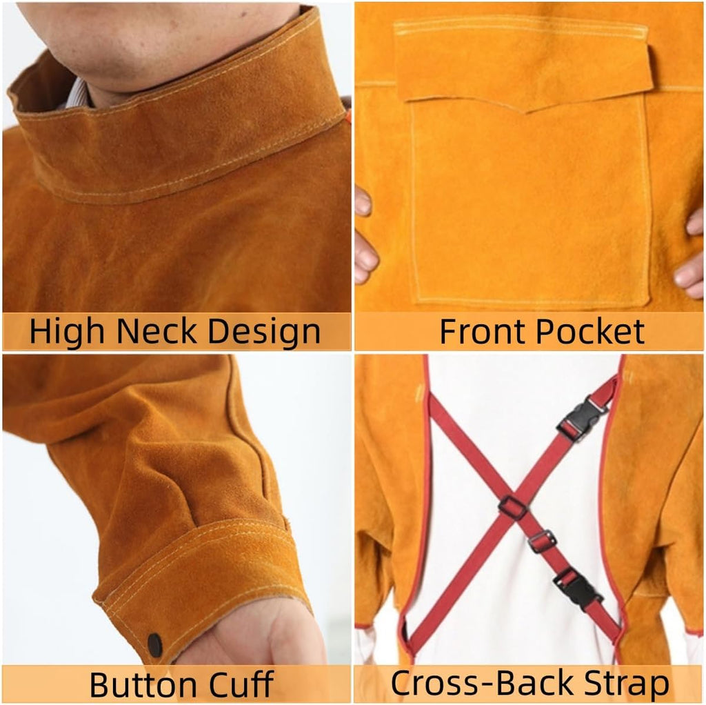 Split Cowhide Leather Welding Jacket, Heat & Flame Resistant Heavy Work Welding Protection Coat, Welding Apron for