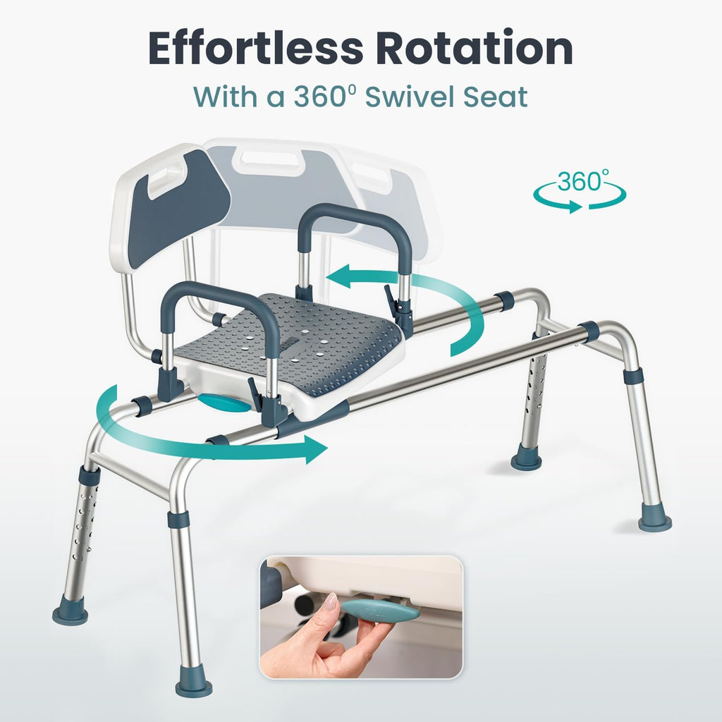 Sliding Shower Chair Tub Transfer Bench with Swivel Seat, Shower Bench for Elderly and Disabled, with Security Belt