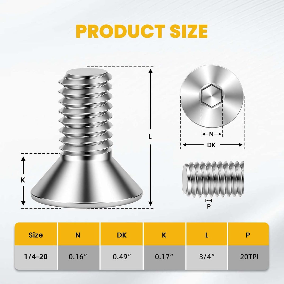 1/4-20 x 3/4" Flat Head Socket Cap Screws Countersunk Bolts, Allen Socket Drive, Stainless Steel 18-8 (304), Full Thread, Bright Finish, 20 PCS