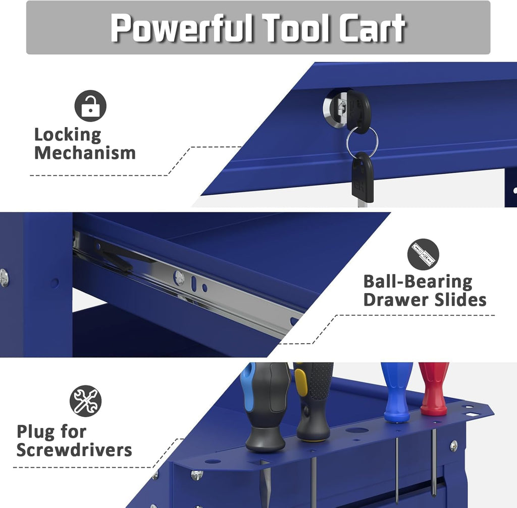 3 Tray Rolling Tool Cart with Drawers, 400 LBS Capacity Mechanic Tool Cart on Wheels, Heavy Duty Utility Cart with