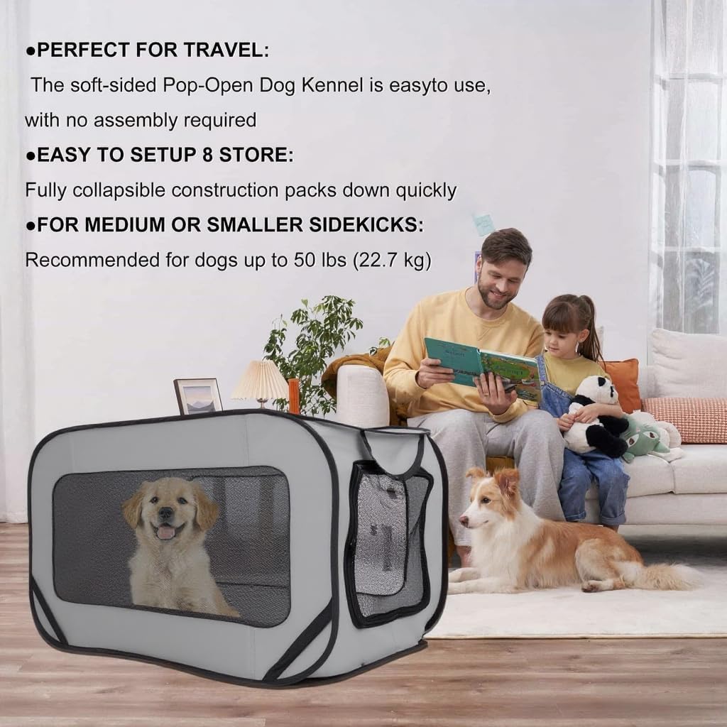 36 Inch Foldable Dog Kennel for Medium Dogs, Portable Waterproof Pop-Up Pet Crate, Indoor Outdoor Travel Car Seat