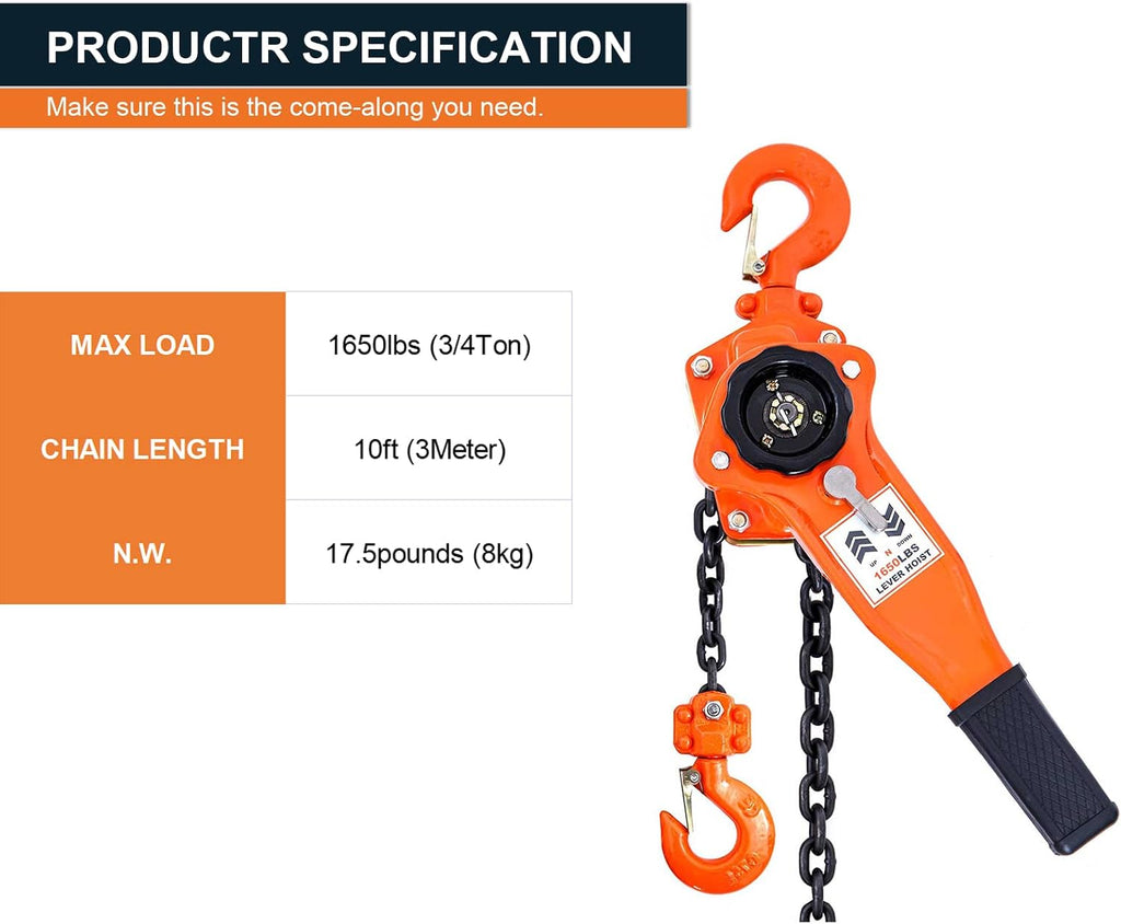 Lever Chain Hoist 1650lbs 10ft 3/4 ton Come Along Ratchet Puller Hoists for Heavy Duty Lifting