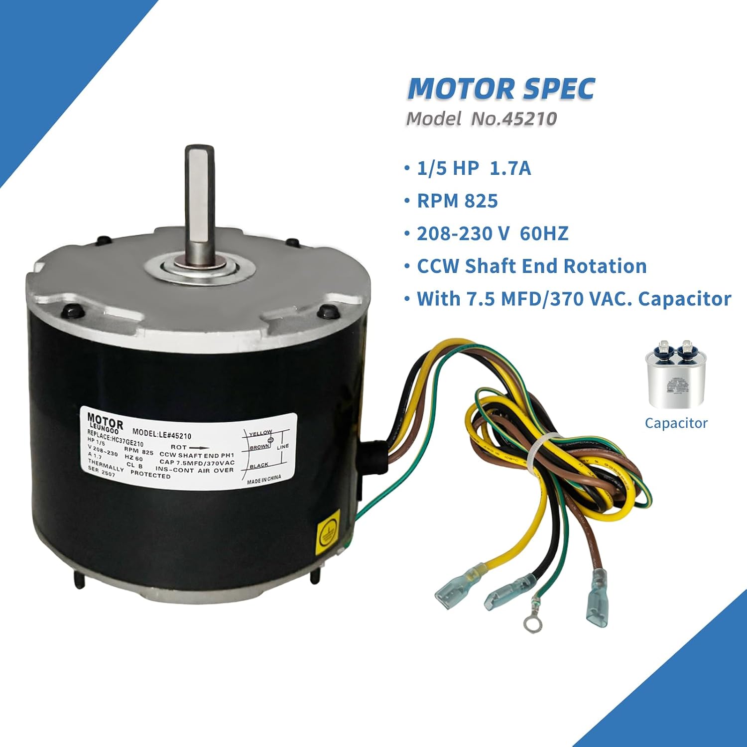 45210 Condenser Fan Motor 1/5 HP Replaces Carrier HC37GE210 Genteq 3S003 | Compatible with GE 5KCP39GFY917S