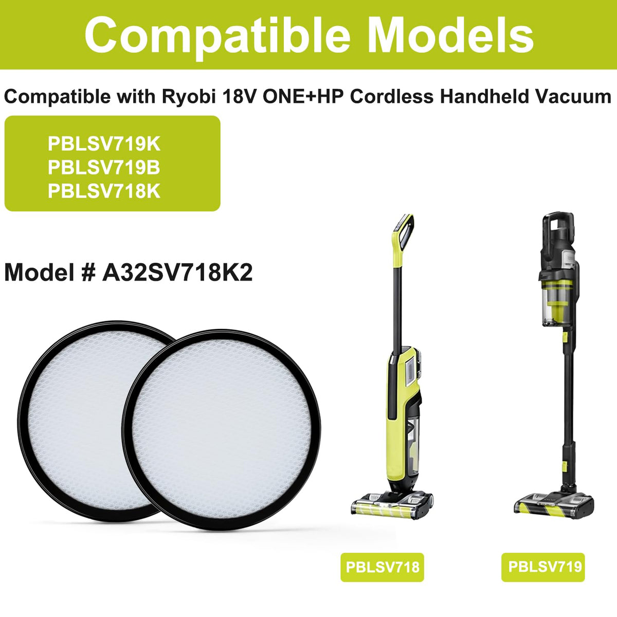 2-Pack Vacuum Filters Replacement Compatible with Ryobi