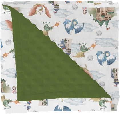 Fairytale Dragon and Knights Baby Blankets for Girl Boy Fantasy Dragons Princess Castle Soft Mink Dotted Backing
