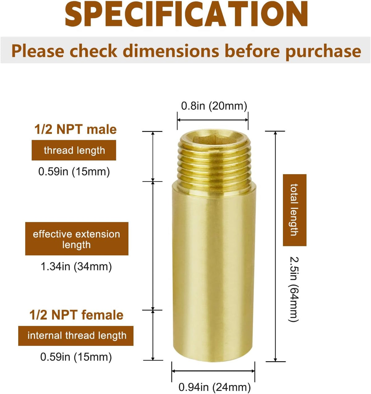 2" Length Brass Pipe Extender, 1/2" NPT Thread Pipe Fittings Long Nipple