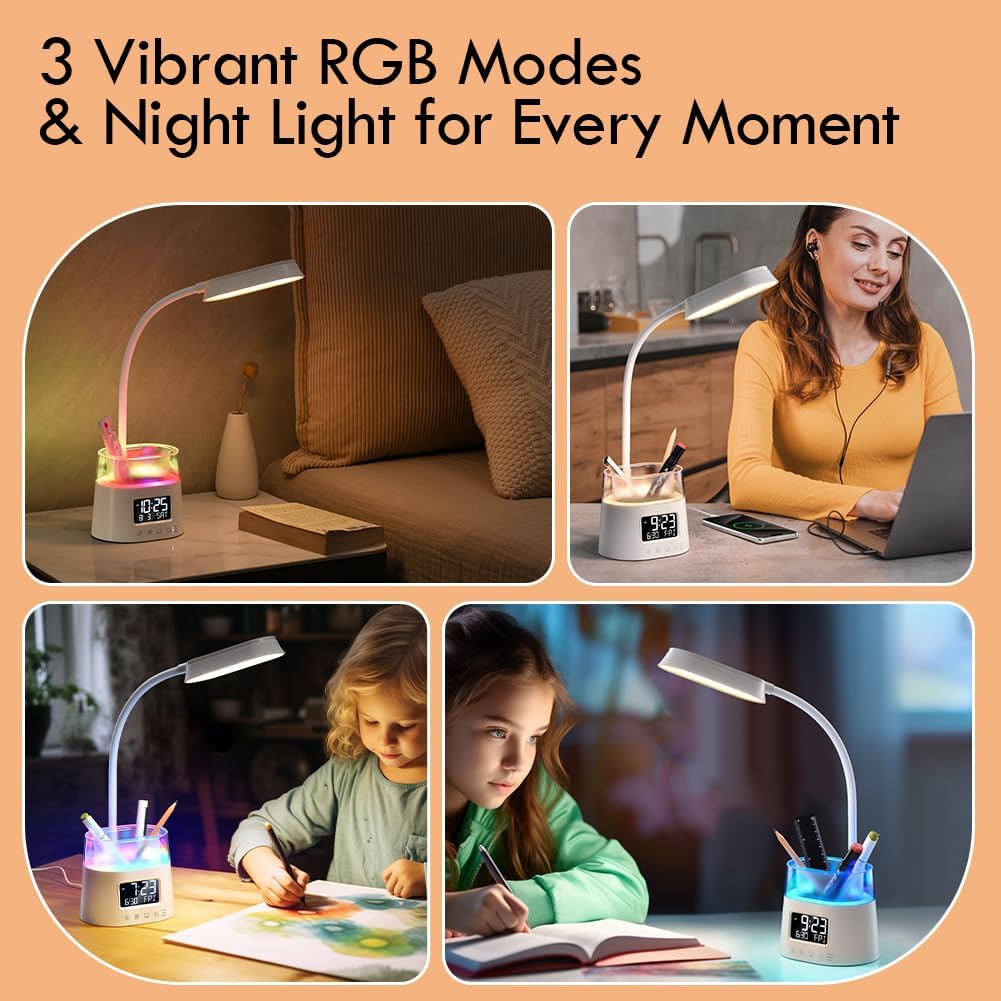 LED Desk Lamps for Home Office with Pen Holder, Table Lamp for Bedroom with USB Charging Port & Clock, RGB Night