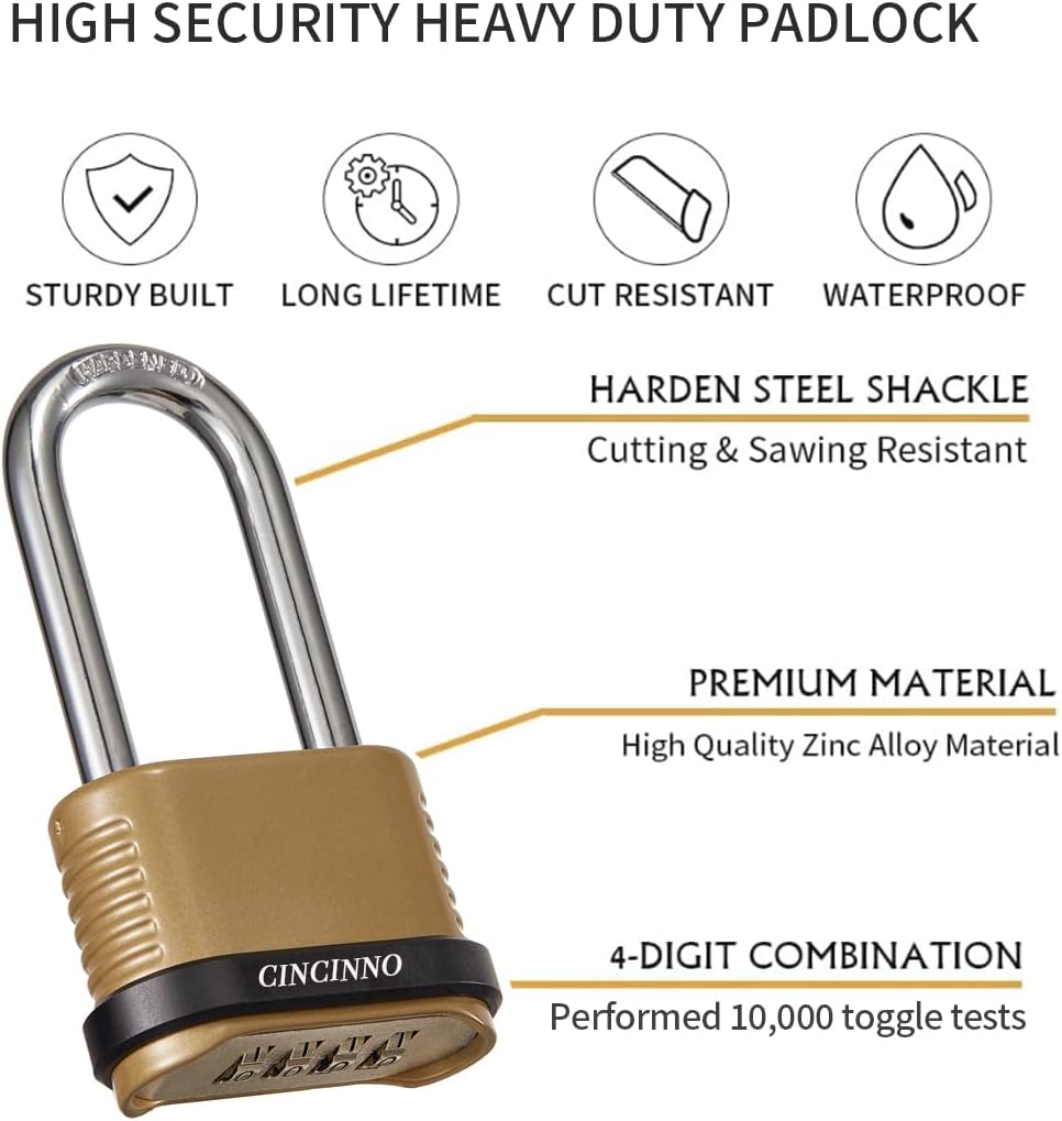 Heavy Duty Combination Lock, 4-Digit Combo Lock with Long Shackle,Weatherproof Combination Padlock for Outdoor Use,4