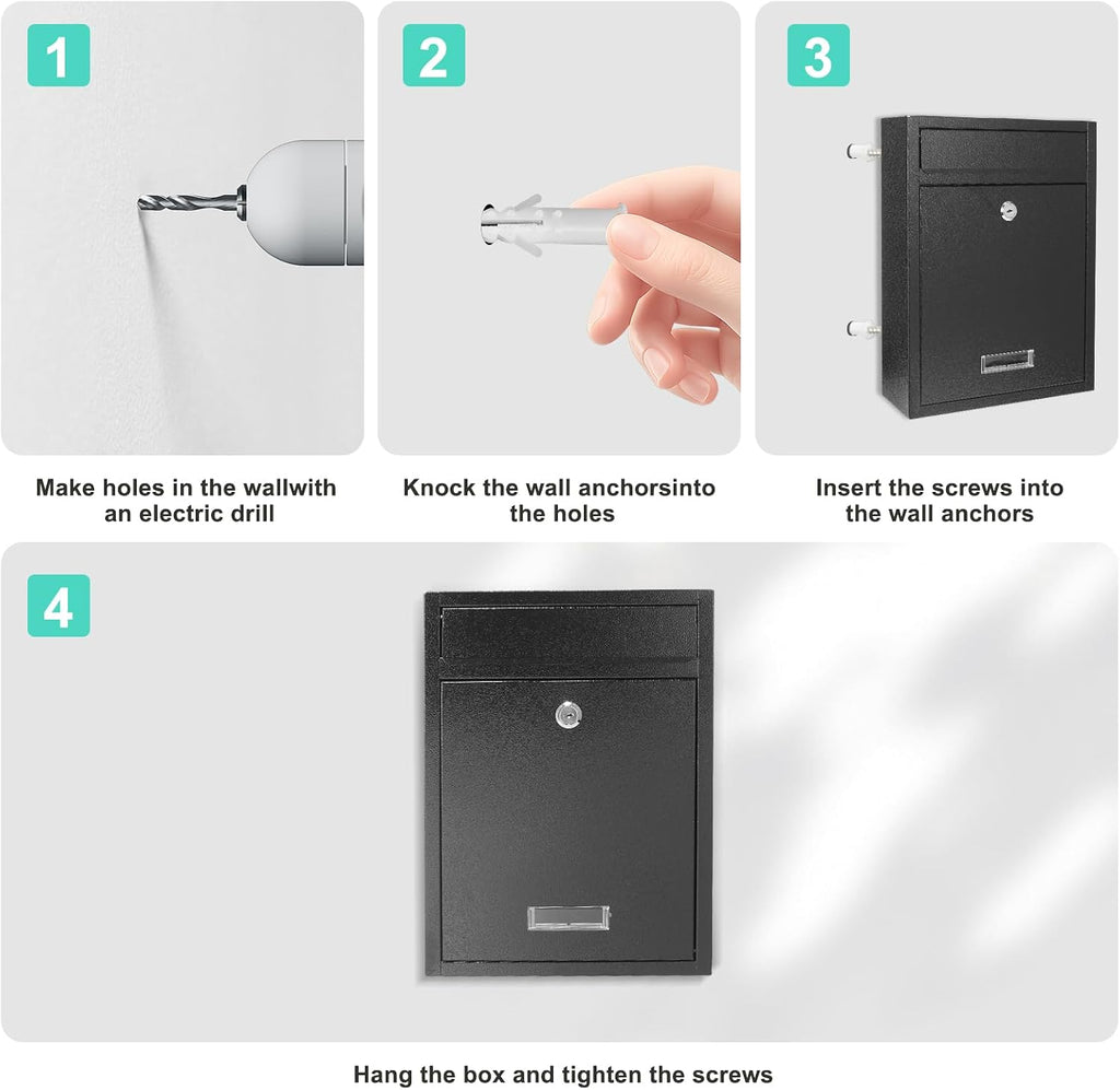 Locking Steel Mailbox, Wall Mounted - Post Office Box, Extra Large Space Secure, Comes with 2 Keys 3 Sets 0-9 Numbers