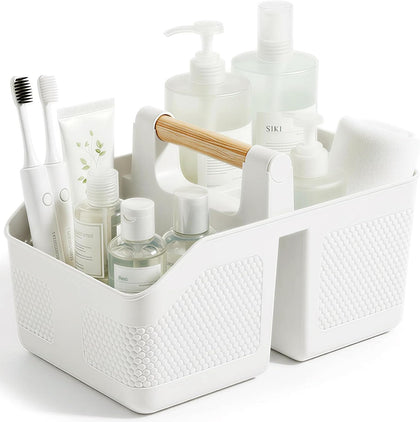 Shower Caddy Portable with Bamboo Handle, Plastic Basket Cleaning Caddy Organizer Storage Tote for Bathroom, College