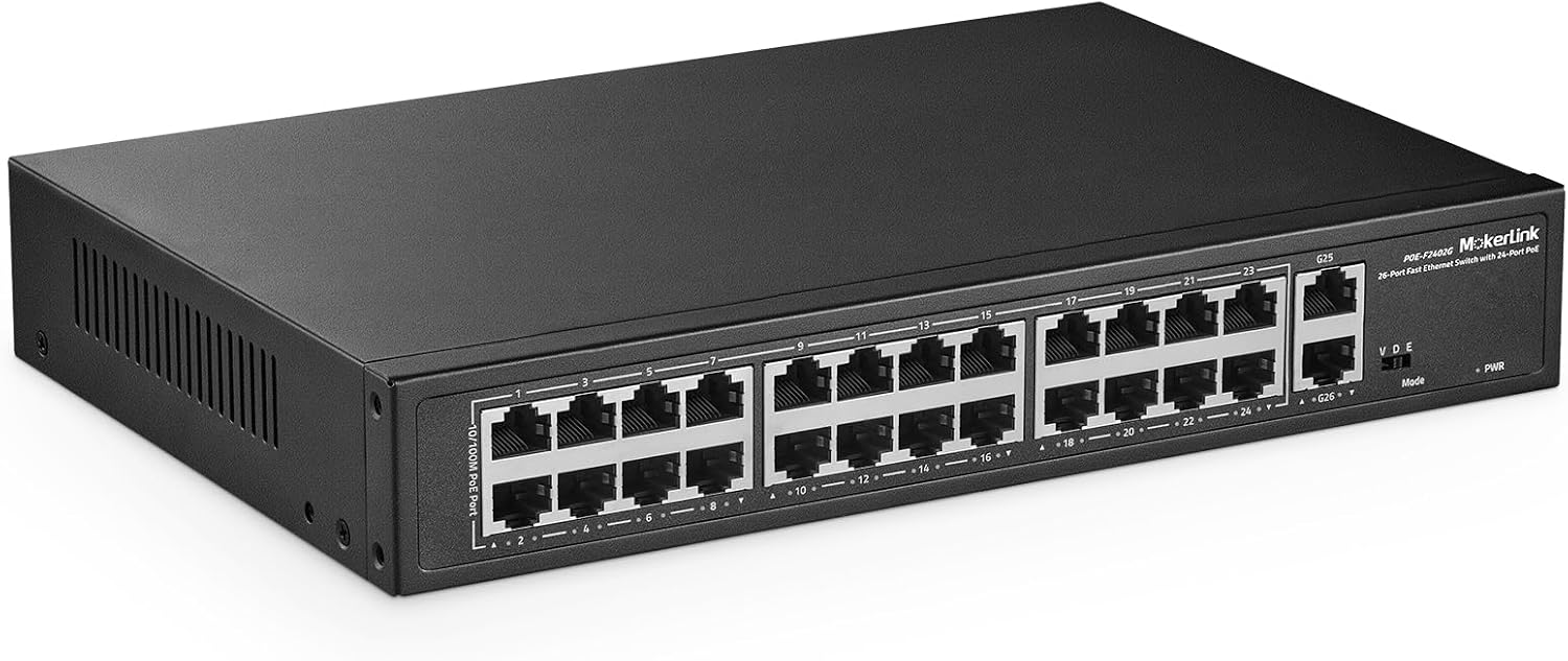 24 Port PoE Switch, 2 Gigabit Uplink, 300W IEEE802.3af/at, VLAN & Extend, Metal Rackmount Unmanaged Plug and Play