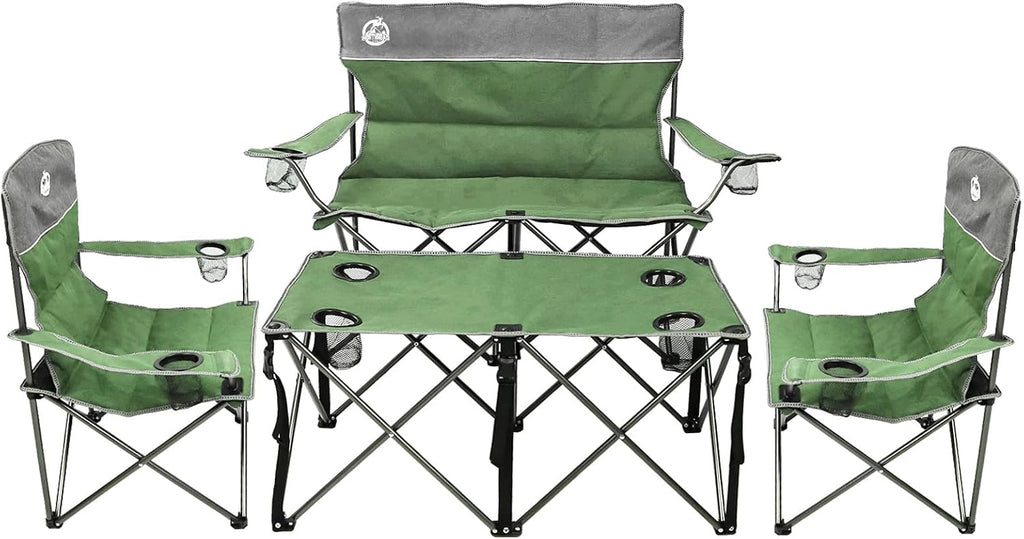 Folding Camping Chair Set of 4, Portable Collapsible Conversation Set w/1 Sofa, 2 Single Chairs, 1 Table for Family
