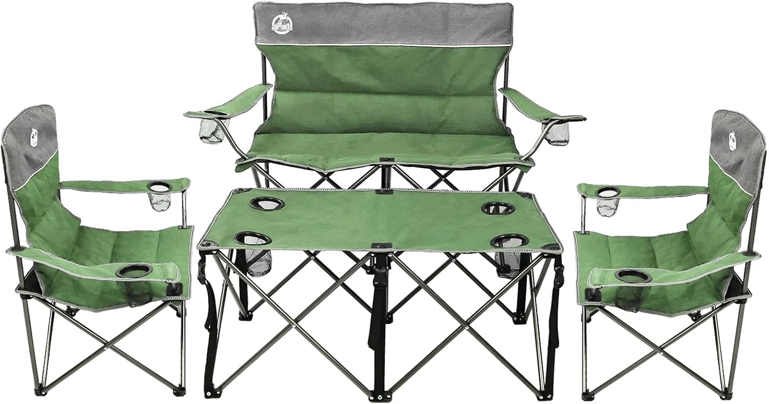 Folding Camping Chair Set of 4, Portable Collapsible Conversation Set w/1 Sofa, 2 Single Chairs, 1 Table for Family
