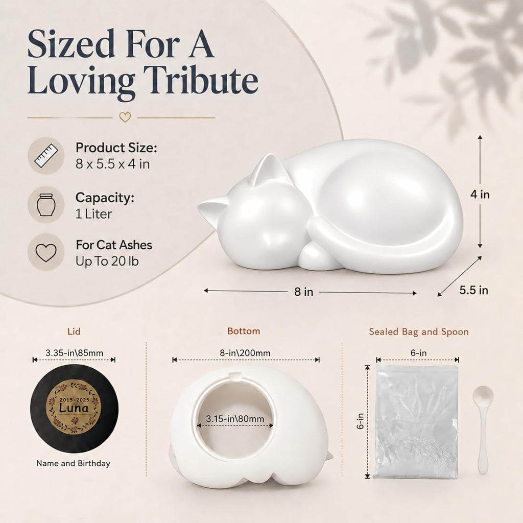 Handmade Sleeping Cat Urn for Ashes - Elegant White Pet Memorial Statue