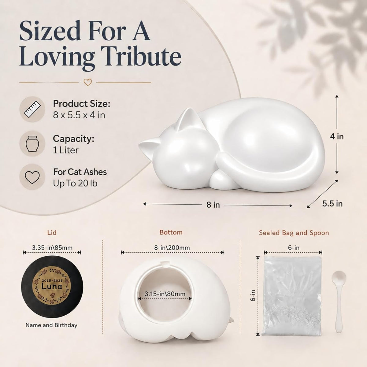 Handmade Sleeping Cat Urn for Ashes - Elegant White Pet Memorial Statue