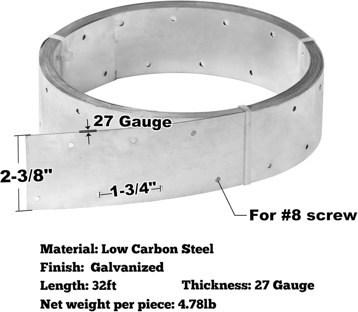 32ft Metal Strapping,2-3/8"Width Perforated Steel Coil Strap