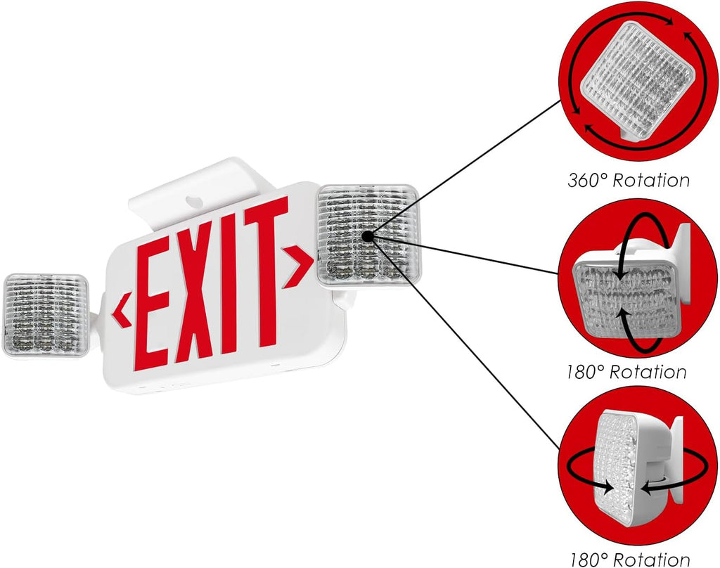 LFI Lights Standard COMBO UL 924 Listed, Exit Sign with Emergency Lights, Red LED, White, 120/277VAC Hardwired with Battery Backup, Optional Double Face and Knock Out Arrows, COMBO2RWBB