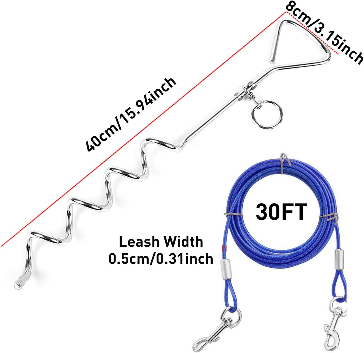 Dog Tie Out Cable and Anti Rust Spiral Stake , 30ft Outside Leash&Chain for Camping and Yard, 16'' Heavy Duty for