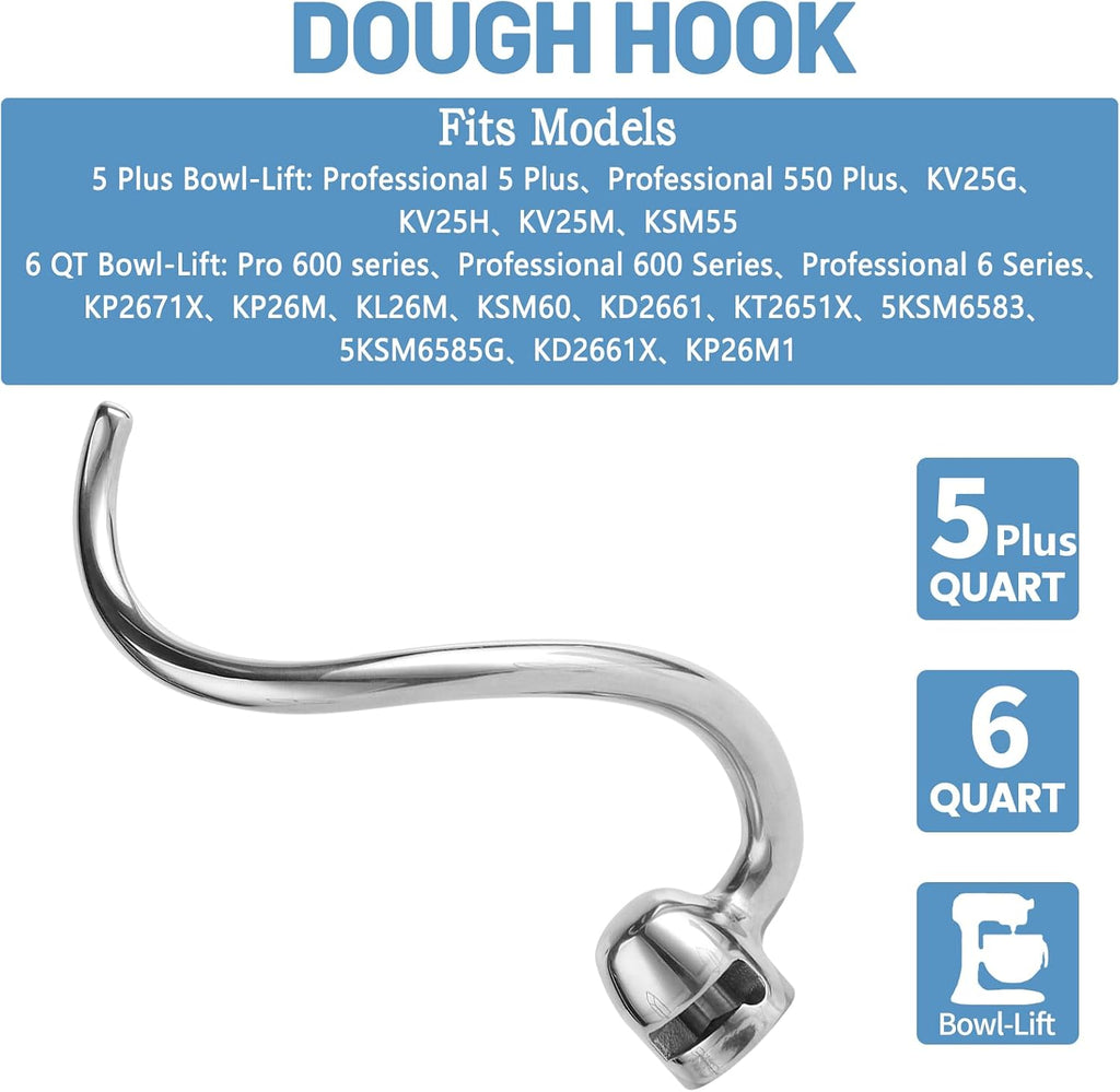 Stainless Steel Spiral Dough Hook for KitchenAid 5 Plus-6QT Mixer