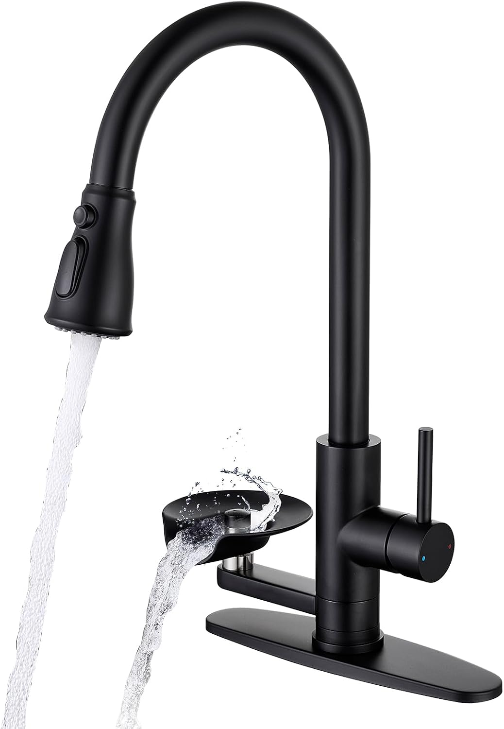 Matte Black Kitchen Faucet with Glass Rinser, Pull Down Sprayer with 3 Water Modes, Single Handle Stainless Steel