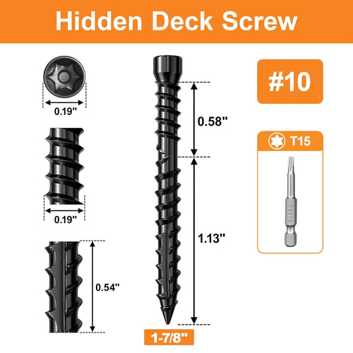 #10 x 1-7/8" Hidden Deck Screws, 750Pcs Star Drive Countersunk Wood Screws