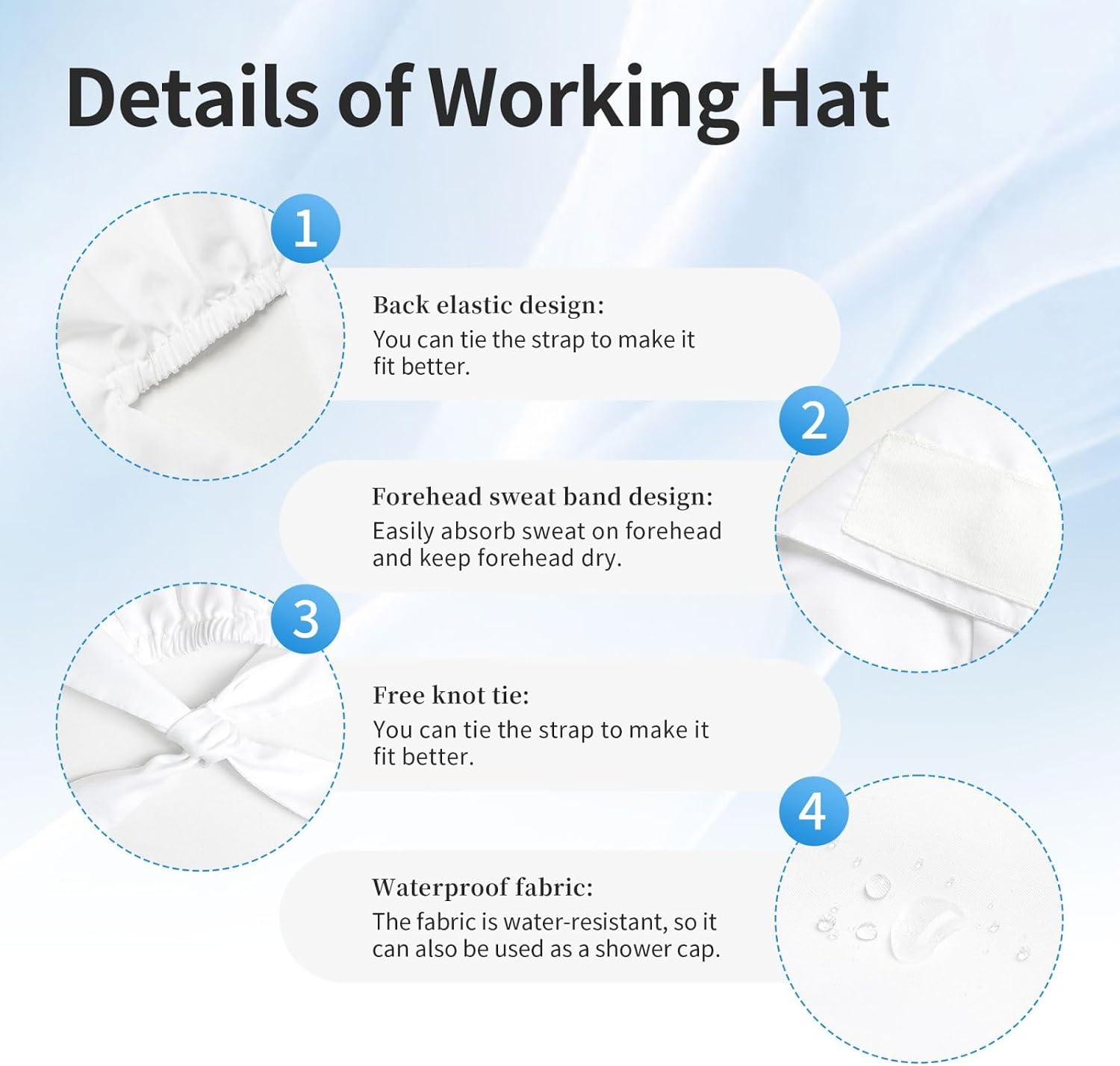 Adjustable Working Cap with Sweatband for Women Men, Moisture Wicking Nurse Surgical Caps for Chef Spa Fits Most Long