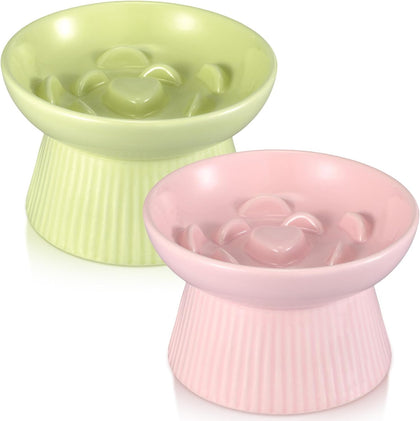 2 Pack Raised Slow Feeder Cat Bowls Ceramic Elevated Cat Food Bowls Anti Vomiting Slow Feeder for Dog and Kitten for