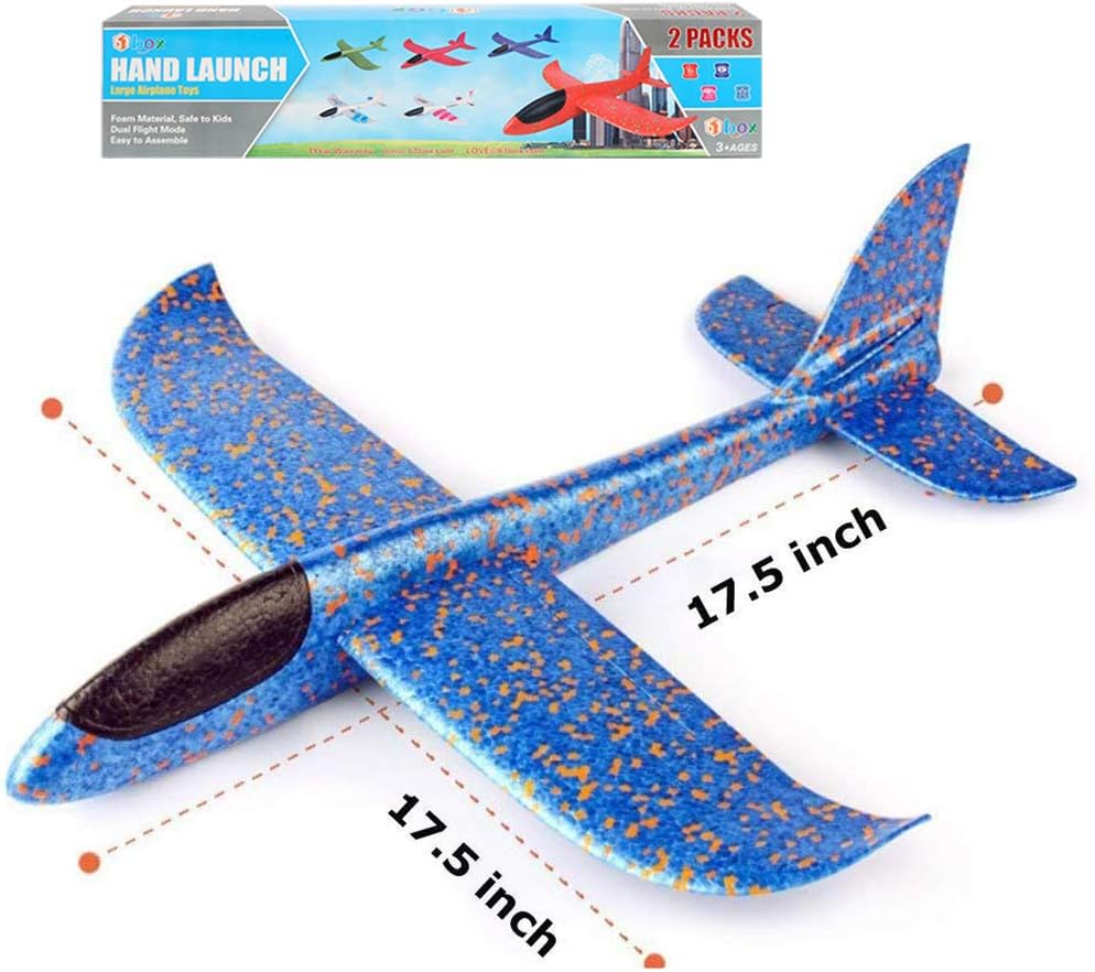2 Pack Airplane Toys, 17.5" Large Throwing Foam Plane, 2 Flight Mode Glider, Flying Toy for Kids, Birthday Gifts for