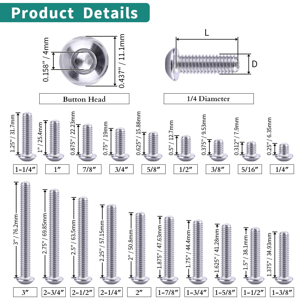 1/4-20 x 3/4" Button Head Socket Cap Bolts Screws, 304 Stainless Steel 18-8, Allen Hex Drive, Bright Finish, Fully Machine Thread, Pack of 25