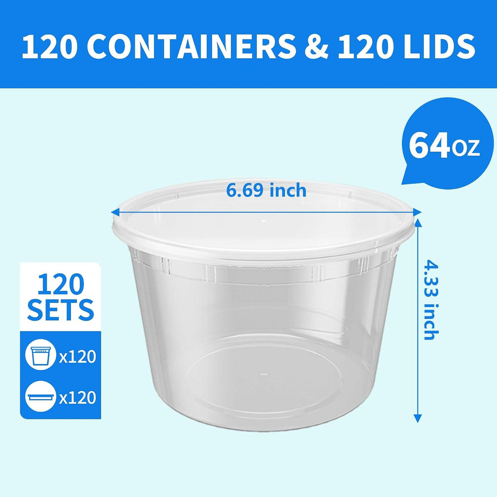 Plastic Deli Containers with Lids, 120 Sets 64 oz Leakproof Soup Cups