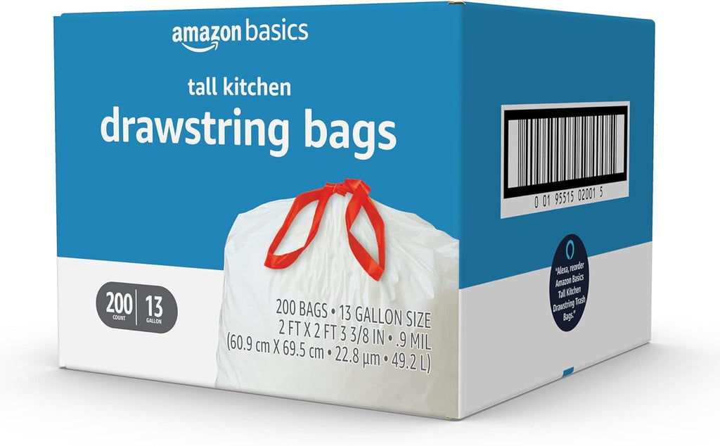 Tall Kitchen Drawstring Trash Bags, Sturdy, 13 Gallon, Unscented, 200 Count