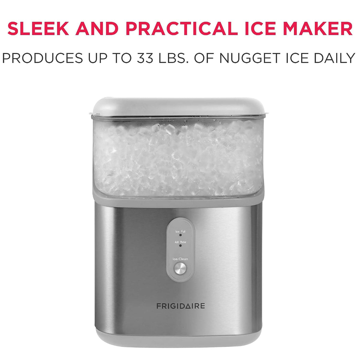 Countertop Crunchy Chewable Nugget Ice Maker, Compact, 33lbs per Day, Metallic Finish
