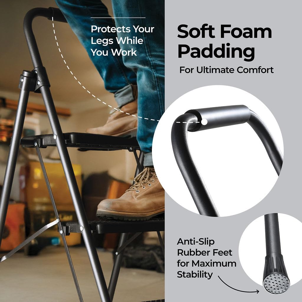 Step Ladder Folding Stool with Wide Anti-Slip Pedal, Lightweight Portable Steel for Home and Office 3 Step