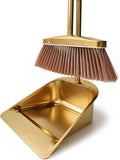 Gold Broom and Dustpan Set, Minimalist Upright Sweeper with Long Handle, Heavy Duty Stainless Steel Metal Dust Pan