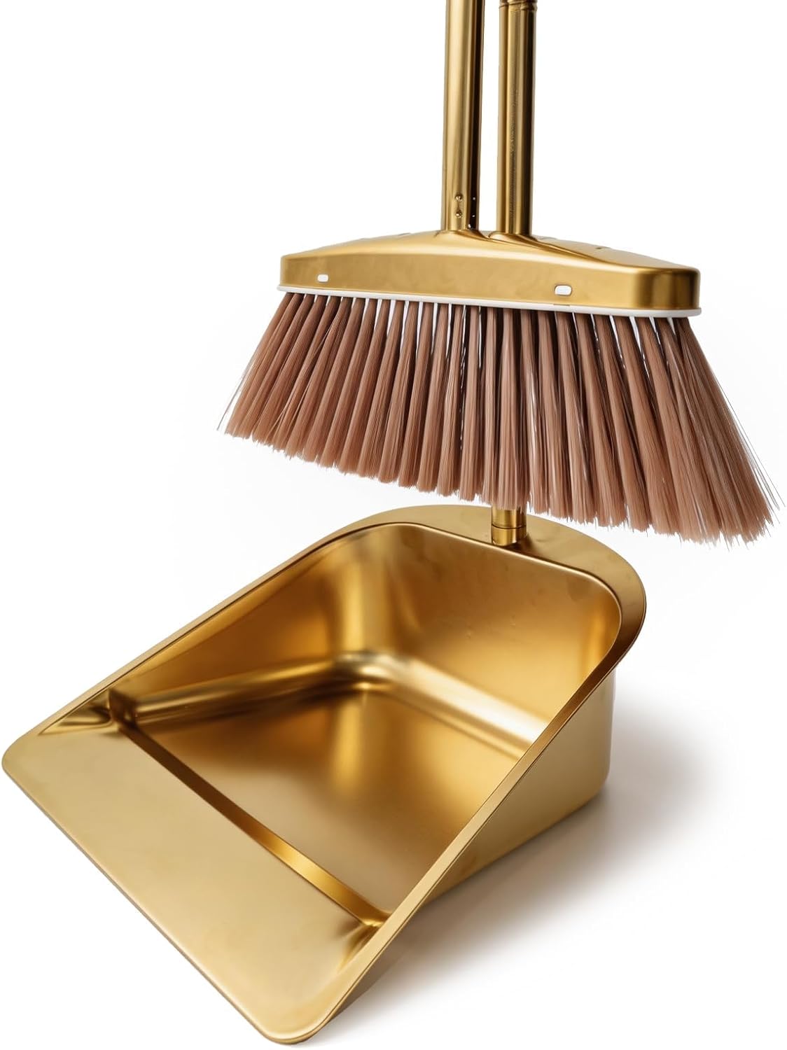 Gold Broom and Dustpan Set, Minimalist Upright Sweeper with Long Handle, Heavy Duty Stainless Steel Metal Dust Pan